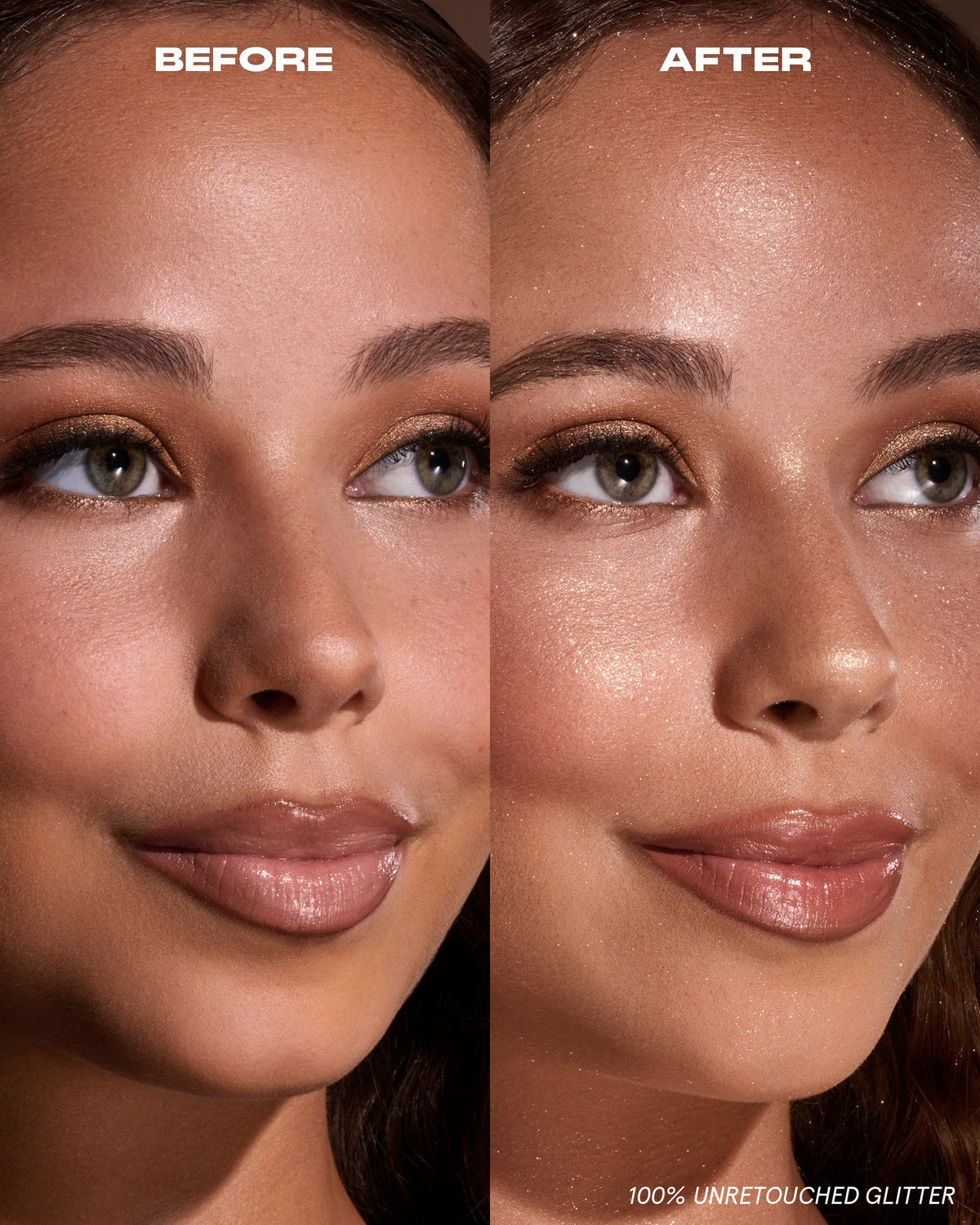 ONE/SIZE On 'Til Dawn Waterproof Glitter Setting Spray – Brown Sugar (voor en na)