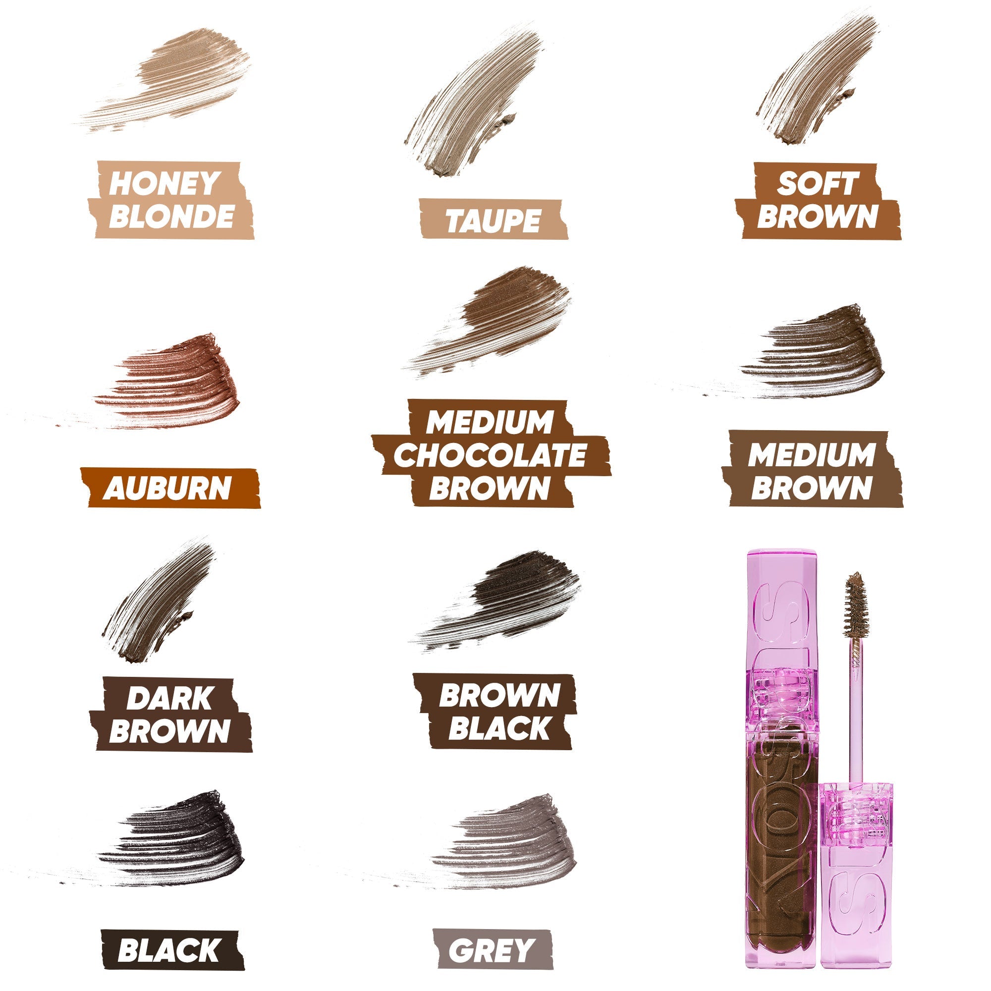 Kleurenkaart van Kosas Air Brow Tinted Volumizing Brow Gel