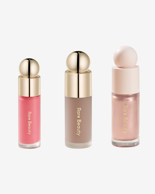 The Soft Pinch Trio van Rare Beauty met Soft Pinch Liquid Blush, Liquid Contour en Positive Light Liquid Luminizer