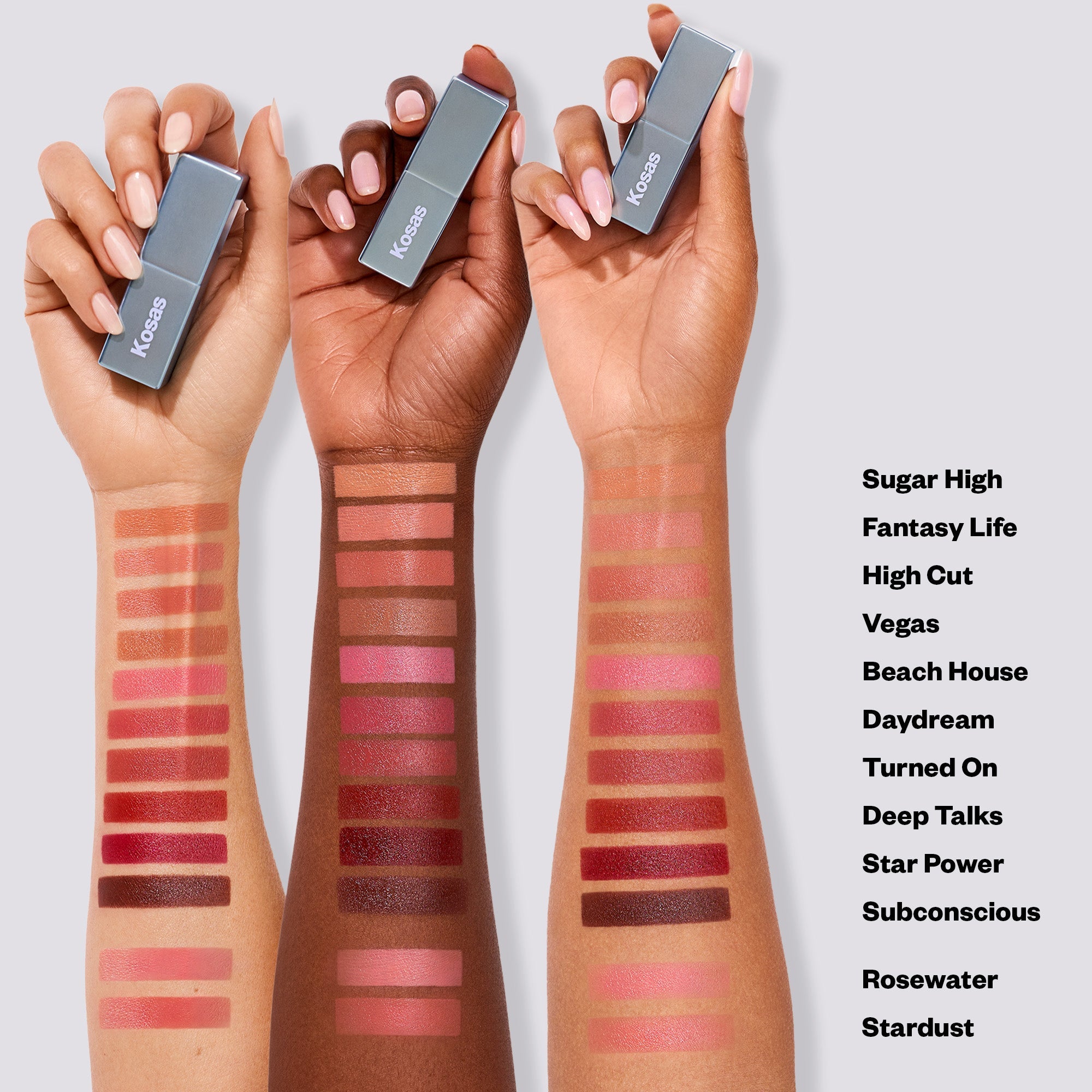 Swatches van Kosas Weightless Lip Color Nourishing Satin Lipstick
