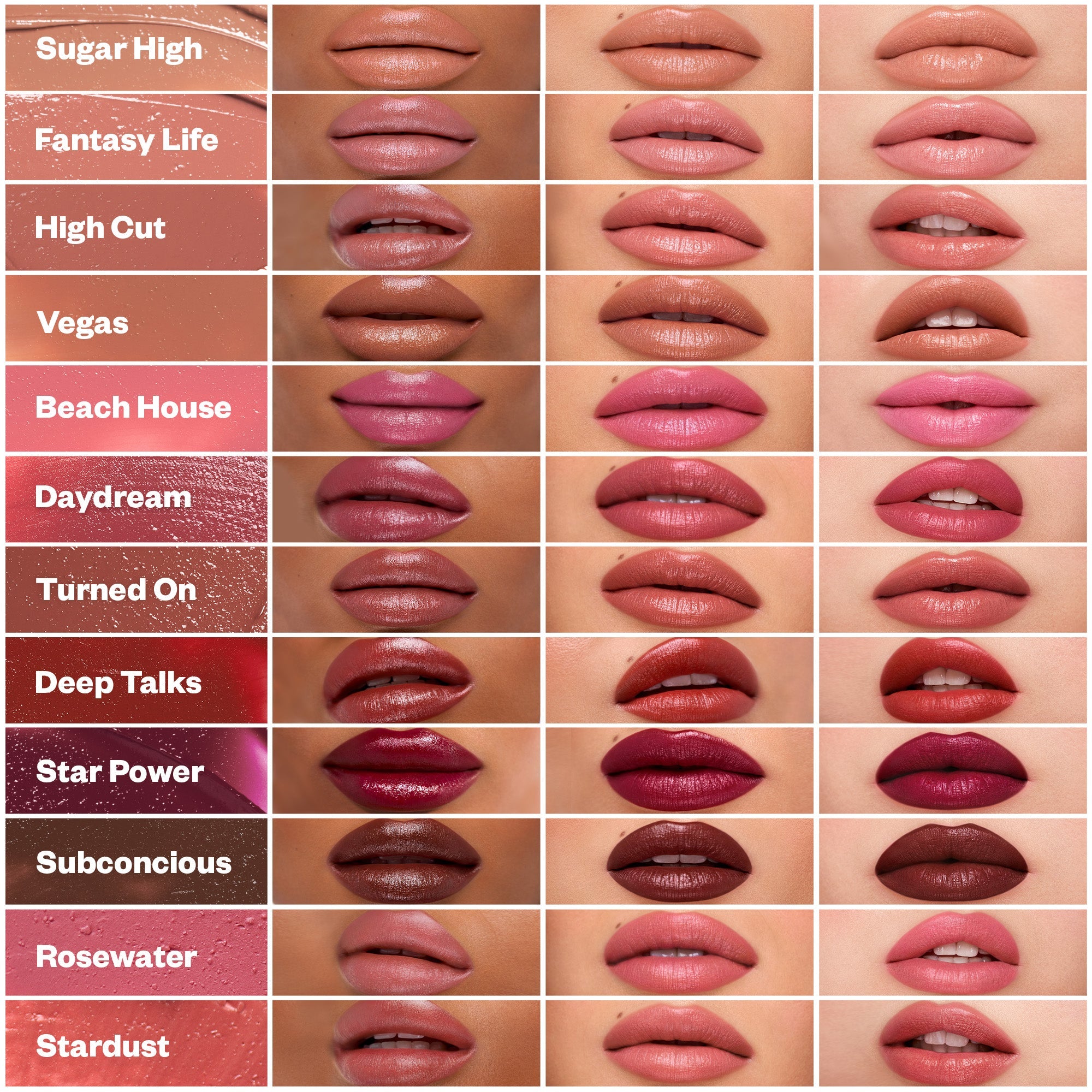 Kosas Weightless Lip Color Nourishing Satin Lipstick aangebracht op verschillende huidtinten