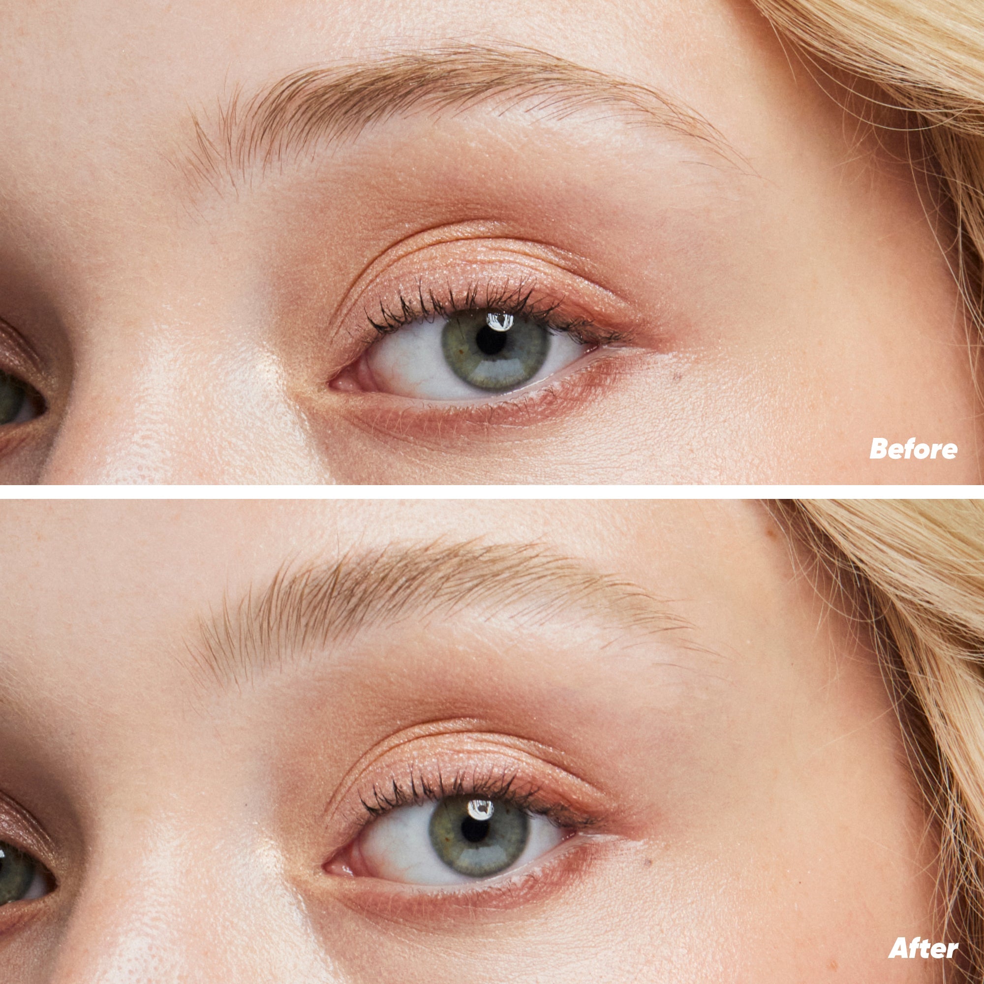 Kosas Air Brow Clear Lifting Treatment Gel aangebracht (voor en na)
