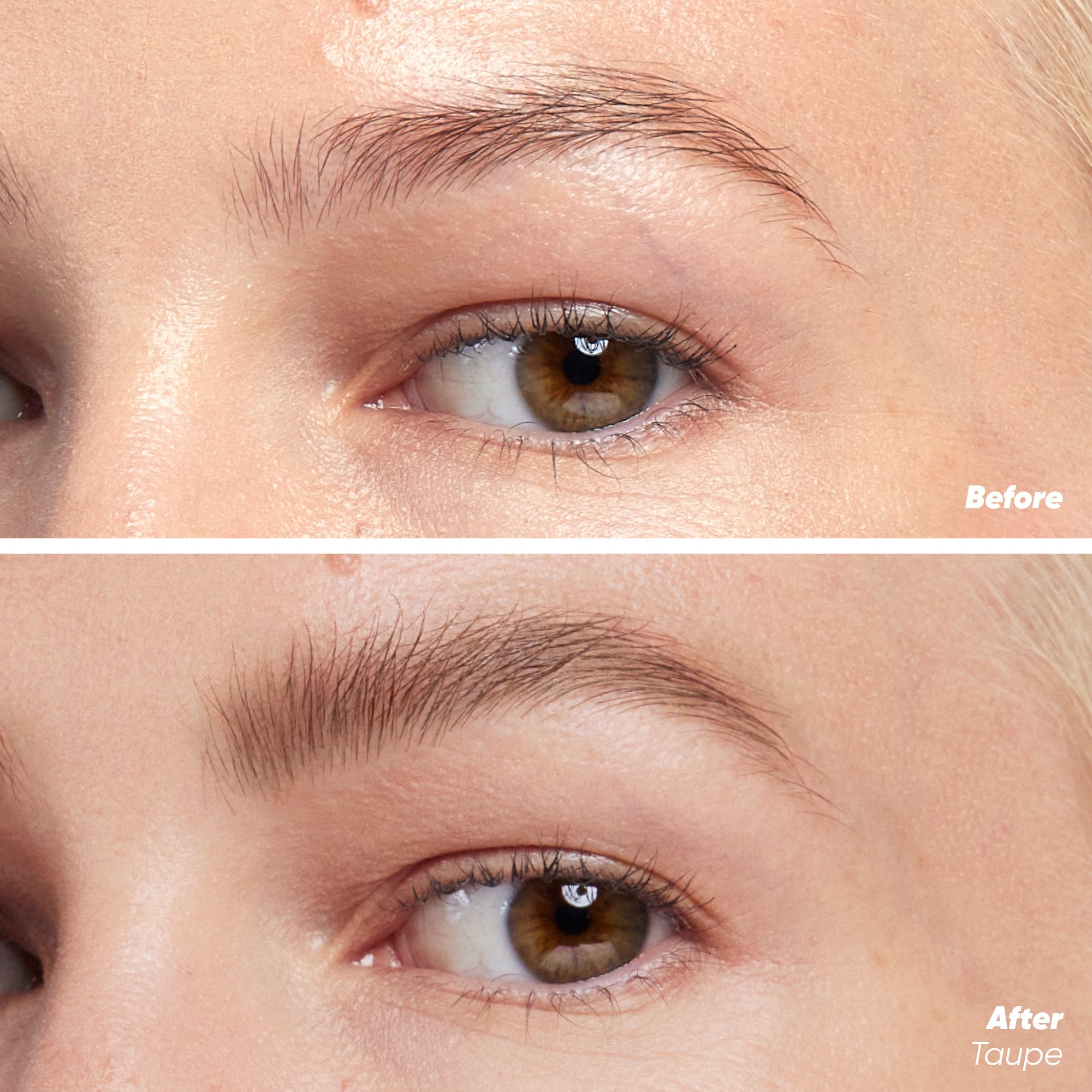 Kosas Air Brow Tinted Volumizing Brow Gel aangebracht in Taupe (voor en na)