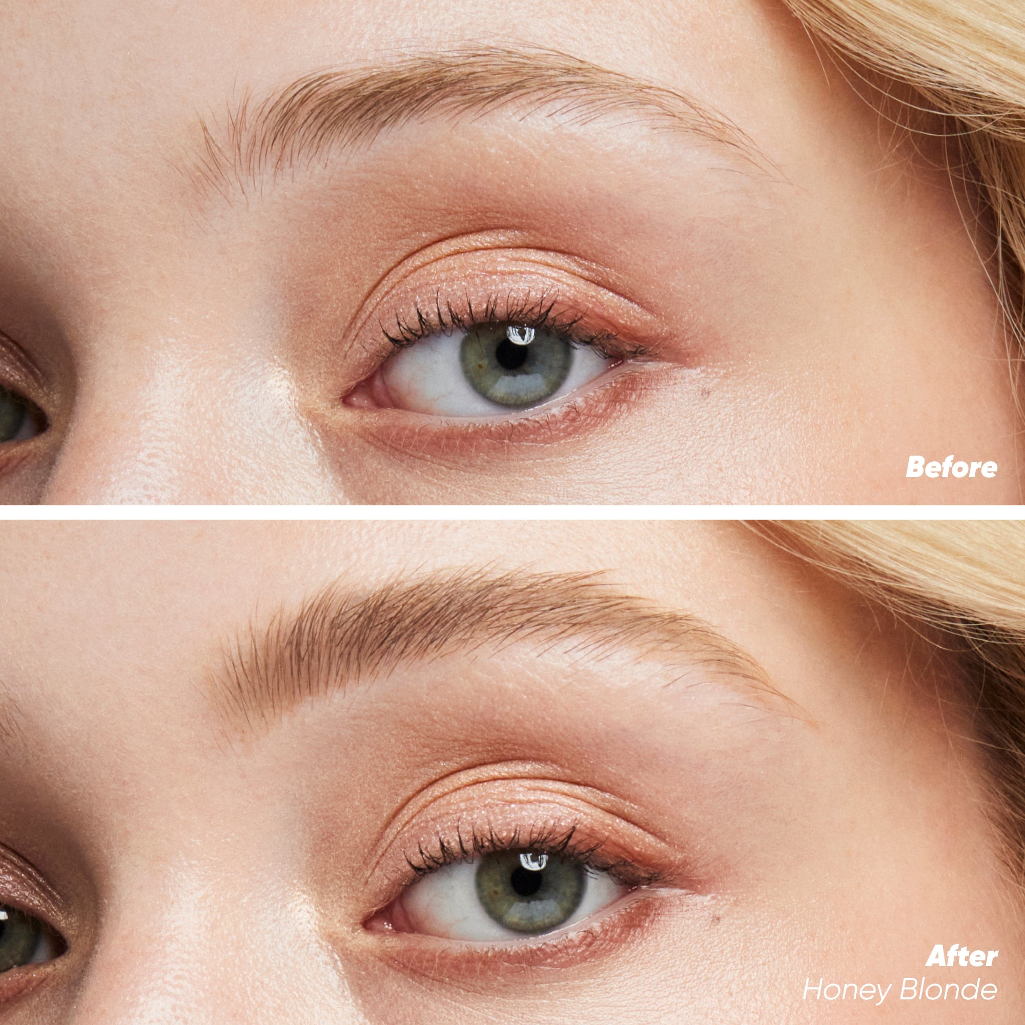 Kosas Brow Pop Dual-Action Defining Pencil aangebracht in Honey Blonde (voor en na)