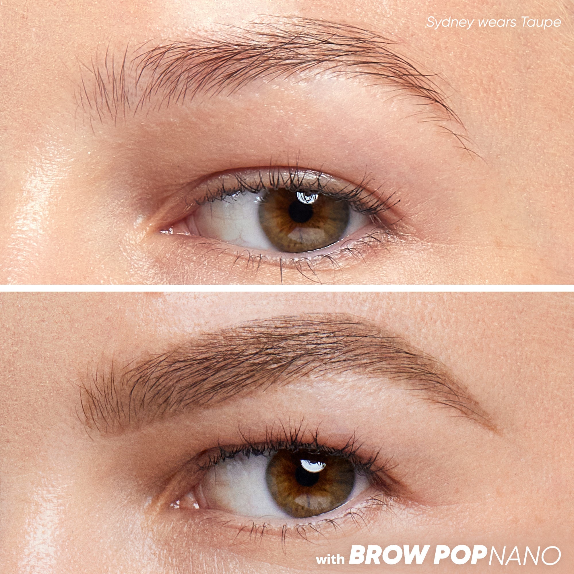Kosas Brow Pop Nano Ultra-Fine Brow Pencil aangebracht in Taupe (voor en na)