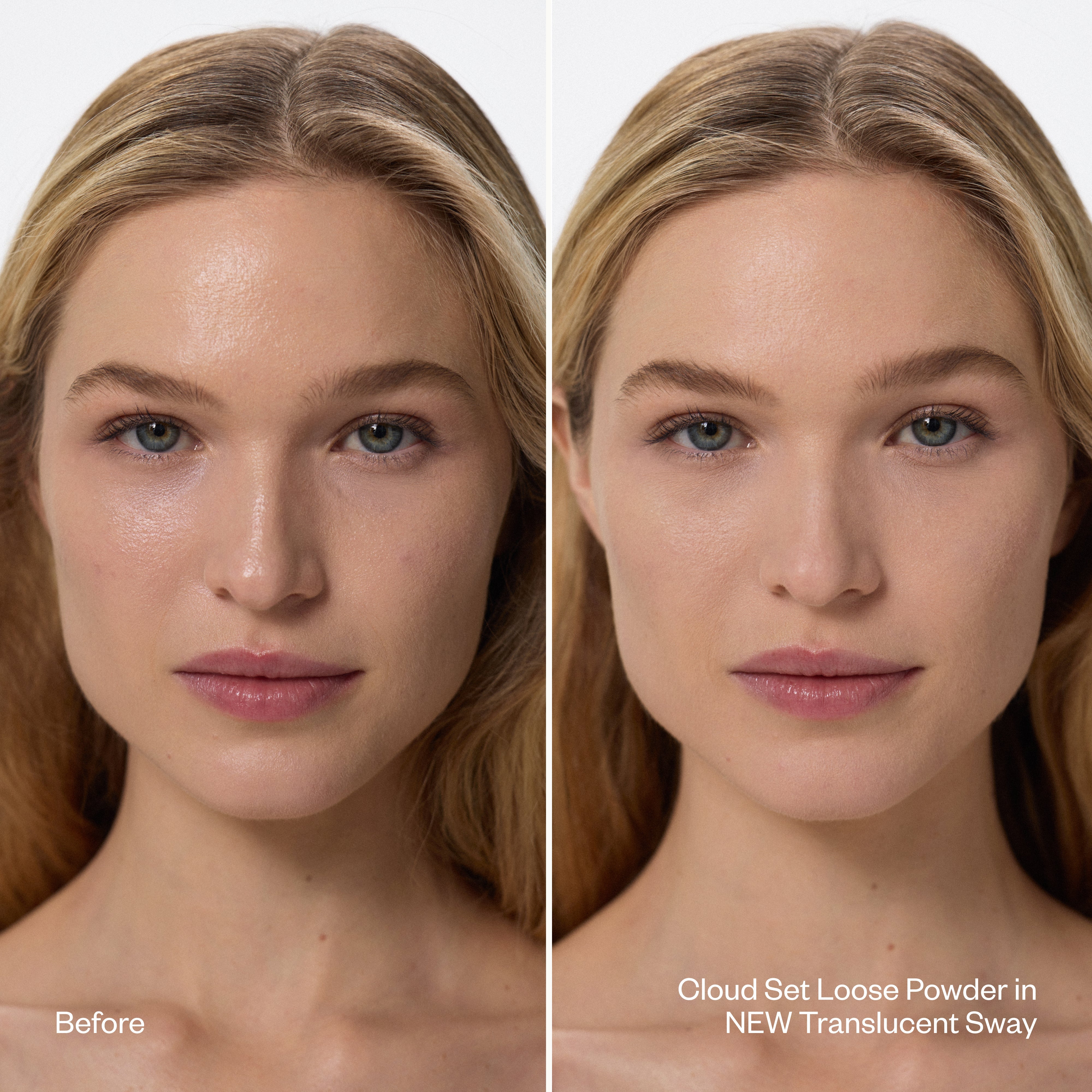 Kosas Cloud Set Loose Powder aangebracht in Translucent Sway (voor en na)