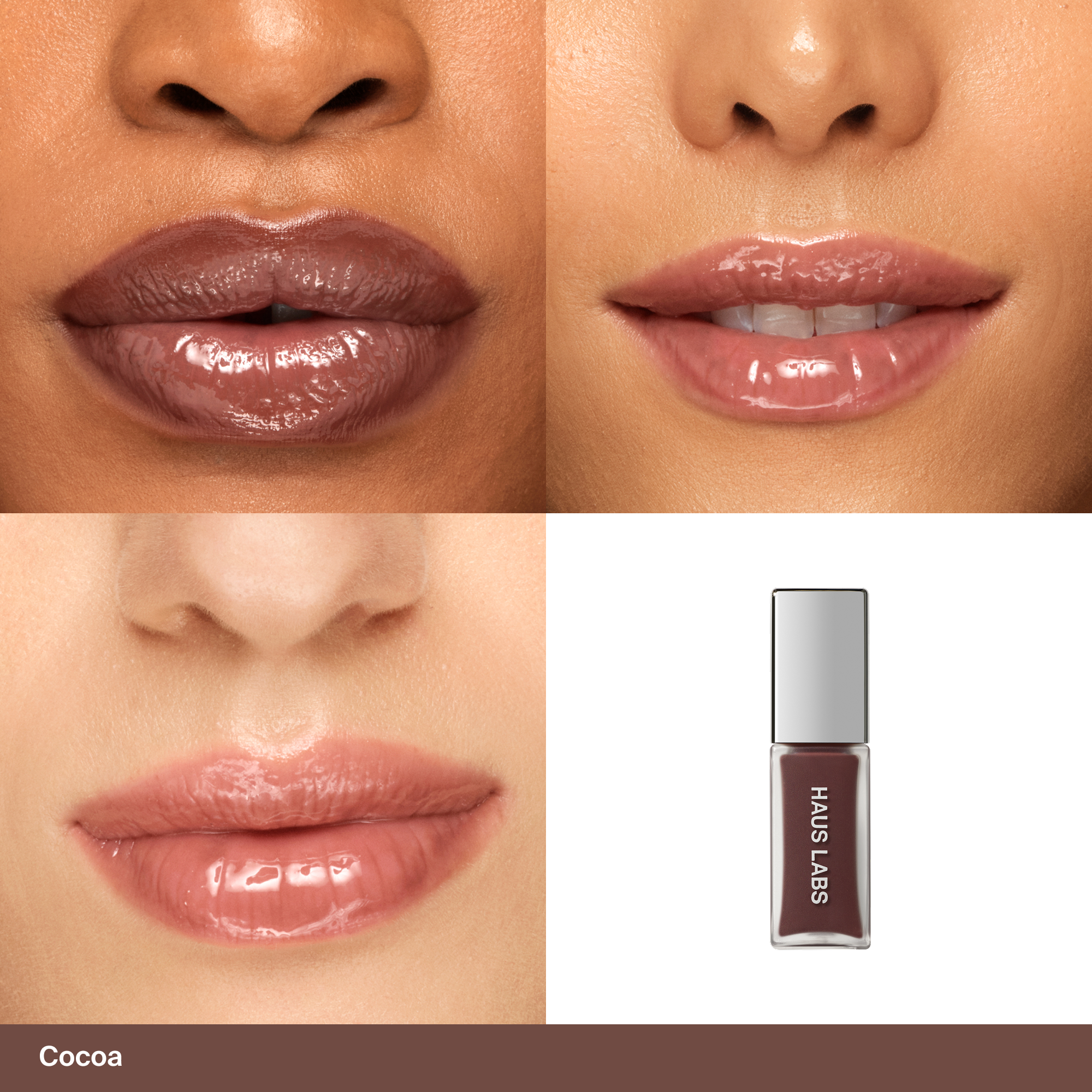 Haus Labs PhD Hybrid Lip Glaze aangebracht in Cocoa