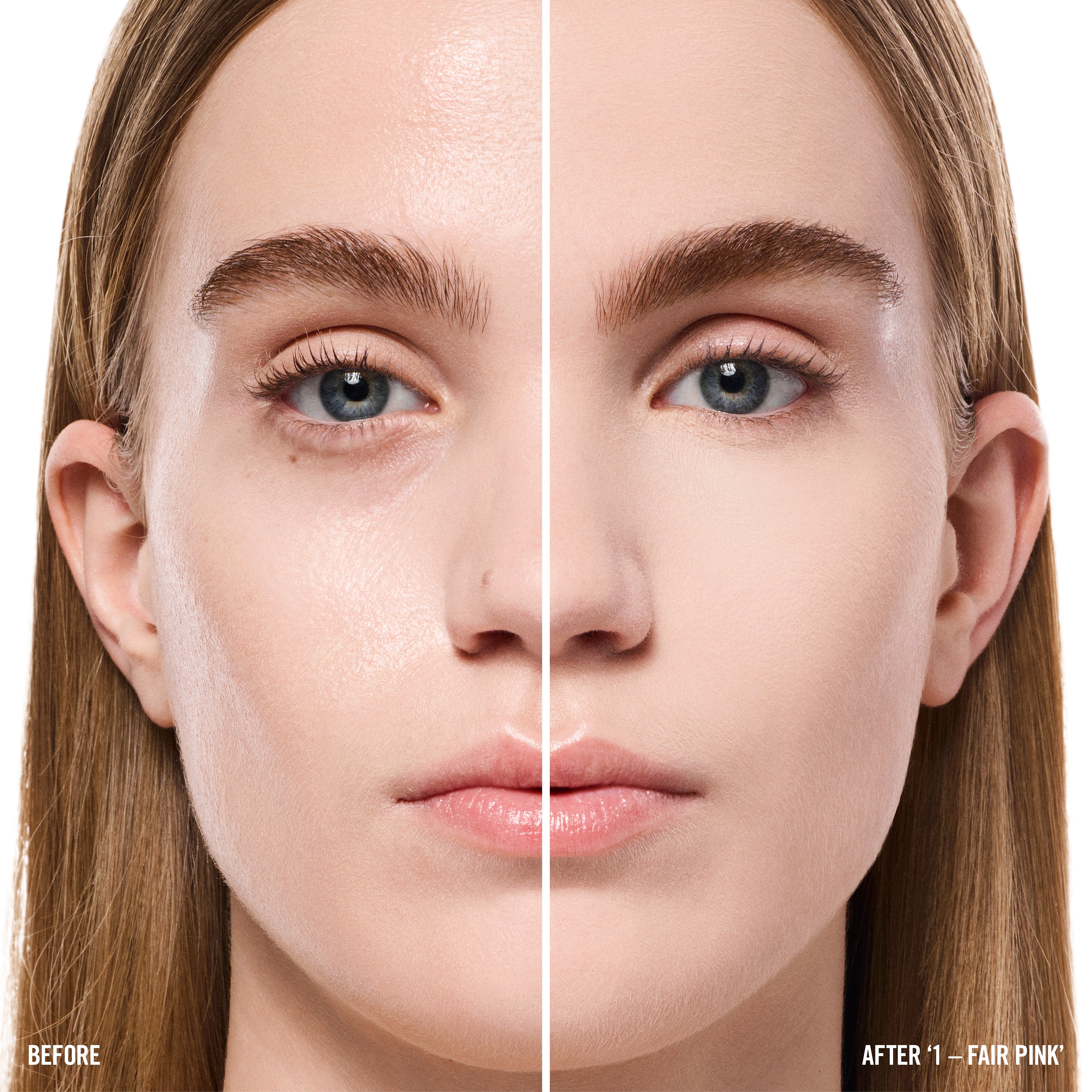 Voor en na met MAKEUP BY MARIO SurrealSkin Soft Blur Setting Powder in Fair Pink