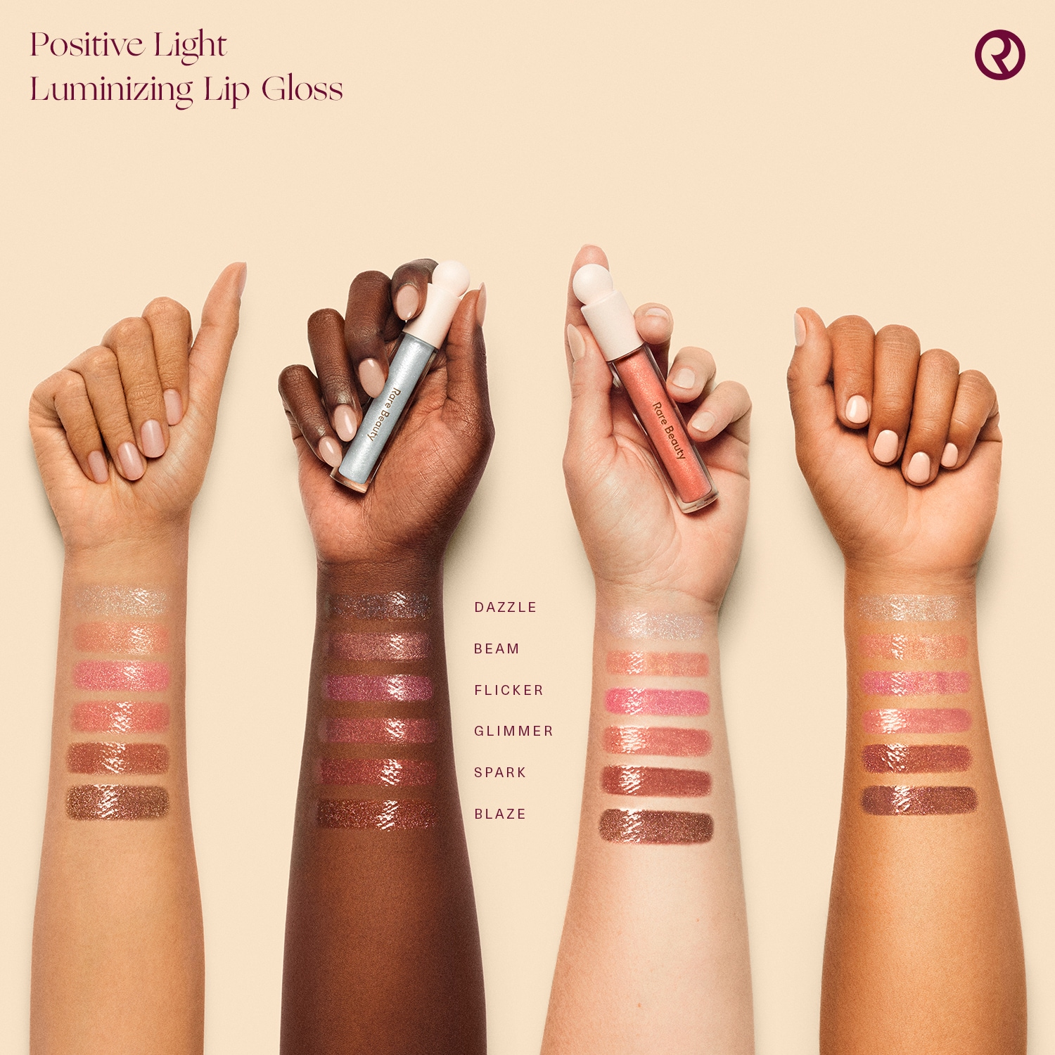 Swatch van Rare Beauty Positive Light Luminizing Lip Gloss